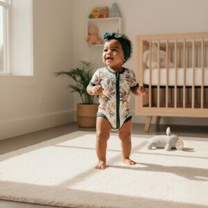 Floral Zip Baby Bodysuit Green Cream Short Sleeve Romper Bamboo NWT